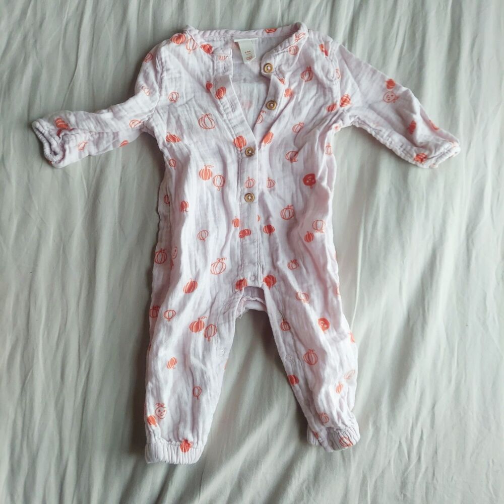 Baby/Infant Pink & Orange Fall Outfit Gauzy Cotton Pumpkin Romper Sz 6-9 Months